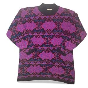 Vintage Dana Scott Metallic Knit Sweater Purple Pink Geo Pattern Made in USA